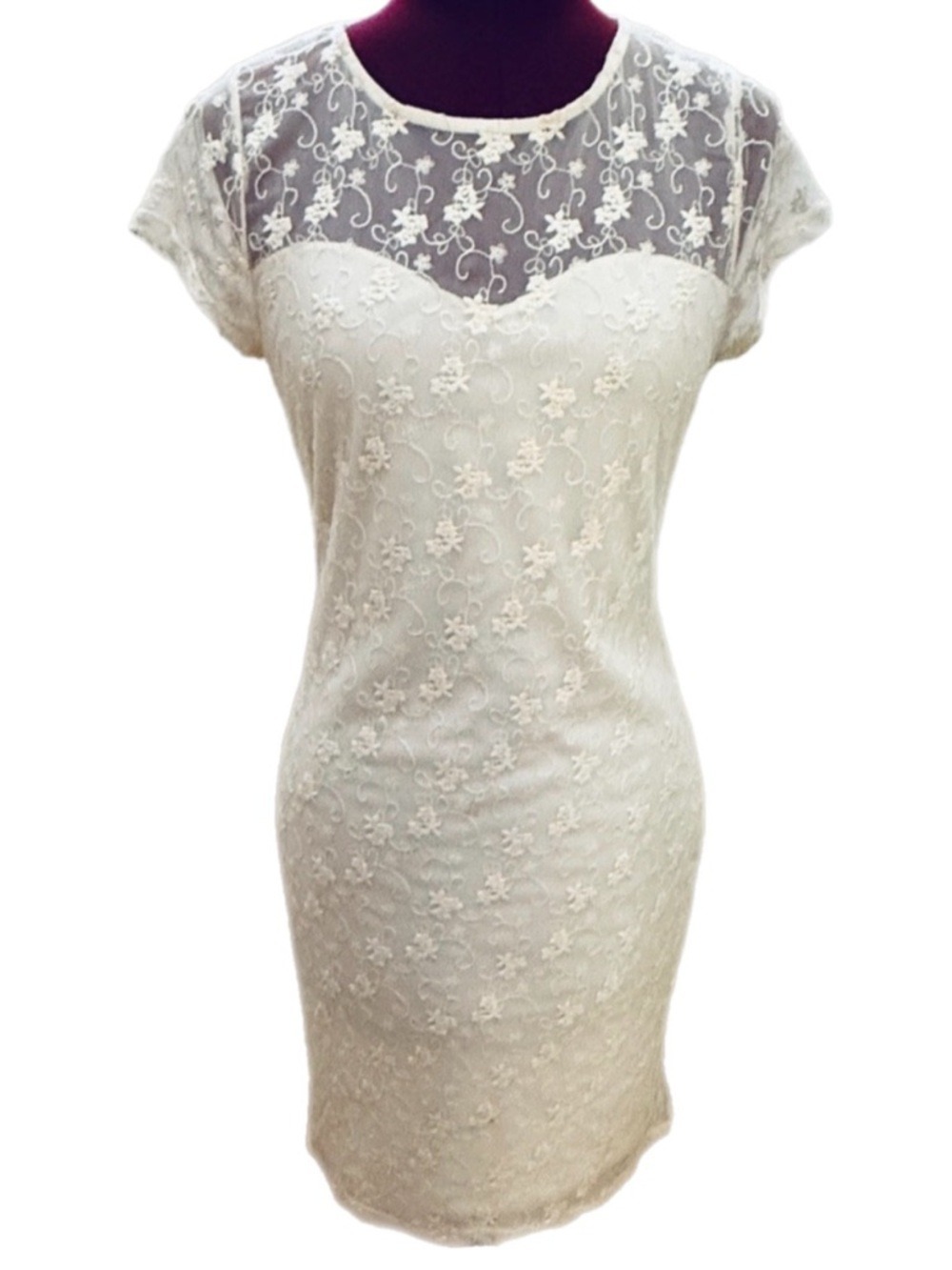 Free People Ivory Lace Mini Dress Sheer Floral Boho Bridal Large - Picture 4 of 8